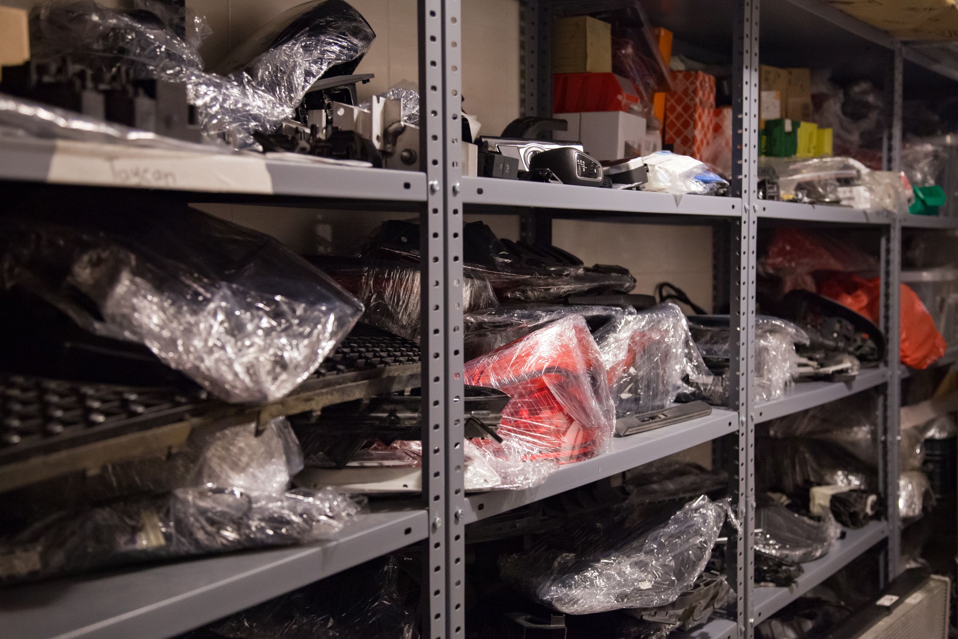 Shelves with car parts