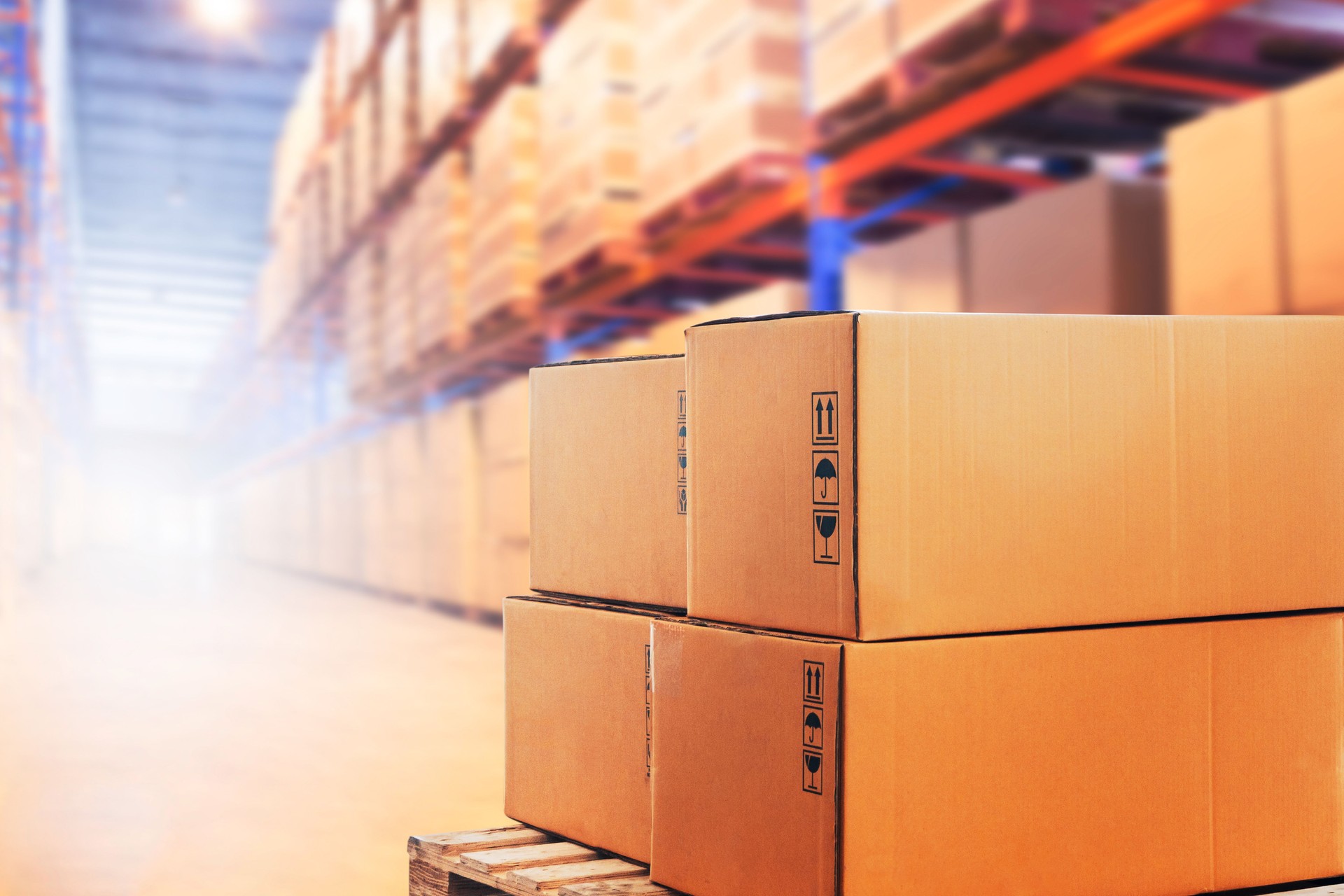 Package Boxes Stack on Pallets in Warehouse. Carton, Cardboard Boxes. Storage Warehouse. Supplies Shipment. Supply Chain, Shipping Warehouse Logistics.